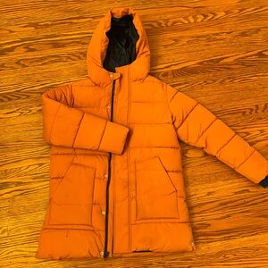 Kids Unisex Long Puffy Coat Jacket Sz. 10, mustard with dark blue lining